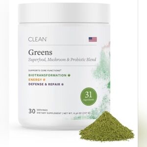 CLEAN Greens Superfood Powder Organic Probiotics, Mushrooms & Adaptogens 30 Days